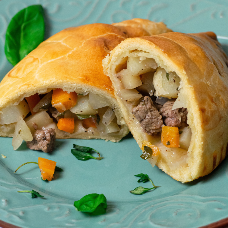 Close-up of Air Fryer Cornish Pastry with a perfectly crisped crust.
