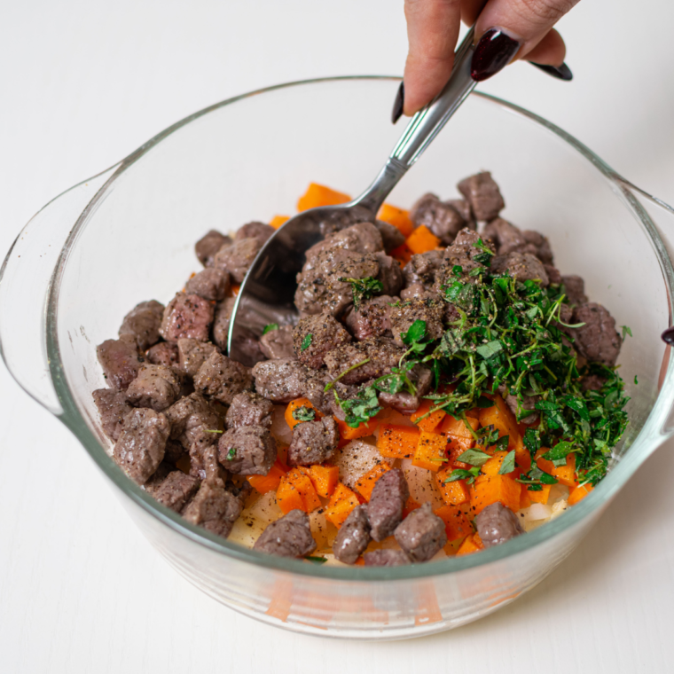 Mixing the filling together in a small bowl.