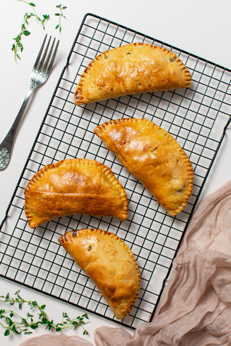 Air Fryer Cornish Pastry, golden brown and ready to serve, with a hearty filling.