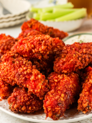 "Air Fryer Flamin' Hot Cheetos Chicken Wings served on a platter with dipping sauce, showcasing their crispy, fiery red coating."