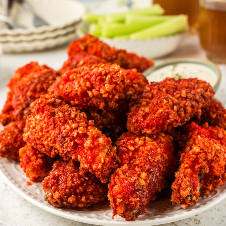 Air Fryer Flamin' Hot Cheetos Chicken Wings served on a platter with dipping sauce, showcasing their crispy, fiery red coating.