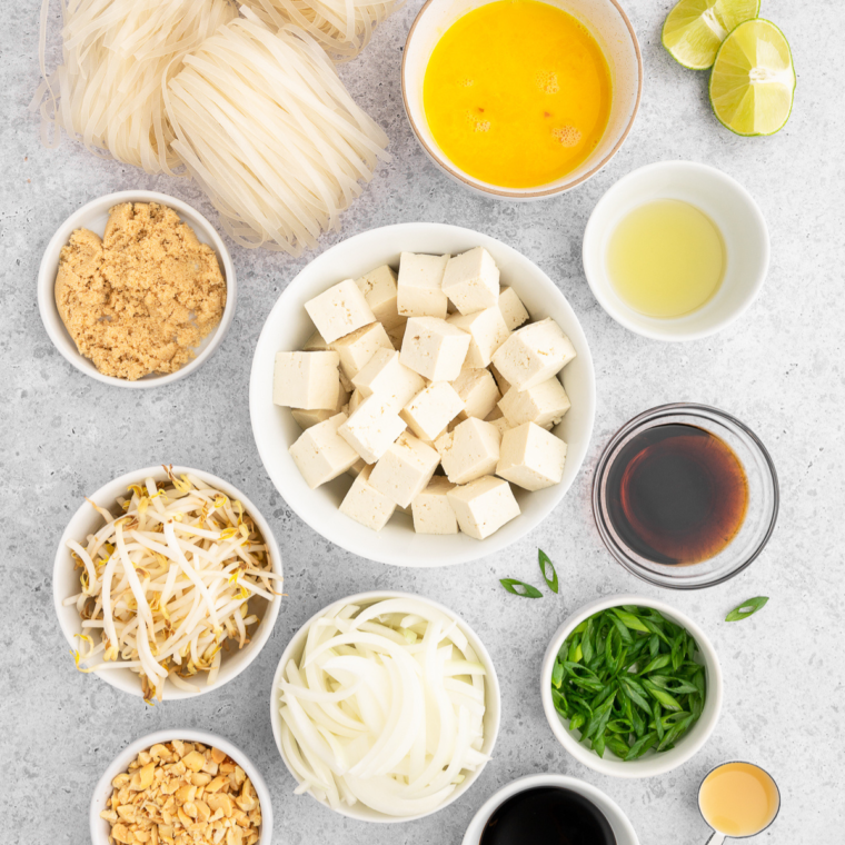 Ingredients needed for air fryer pad thai on kitchen table.