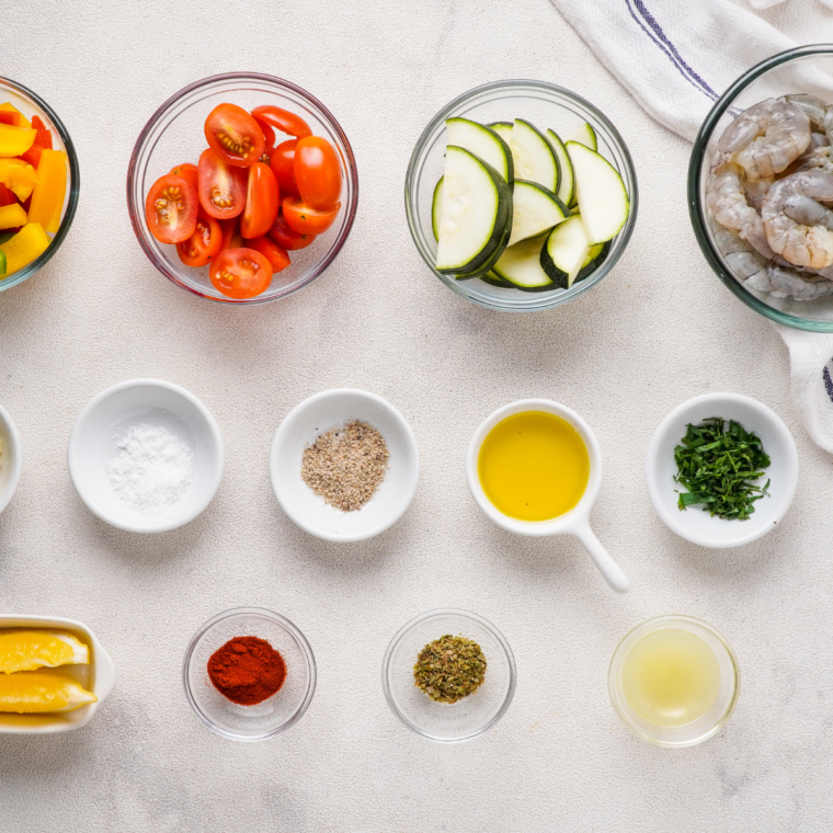 Ingredients needed for Air Fryer Shrimp Foil Packets on kitchen table.