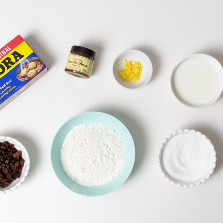 Ingredients needed for air fryer spotted dick on kitchen table.