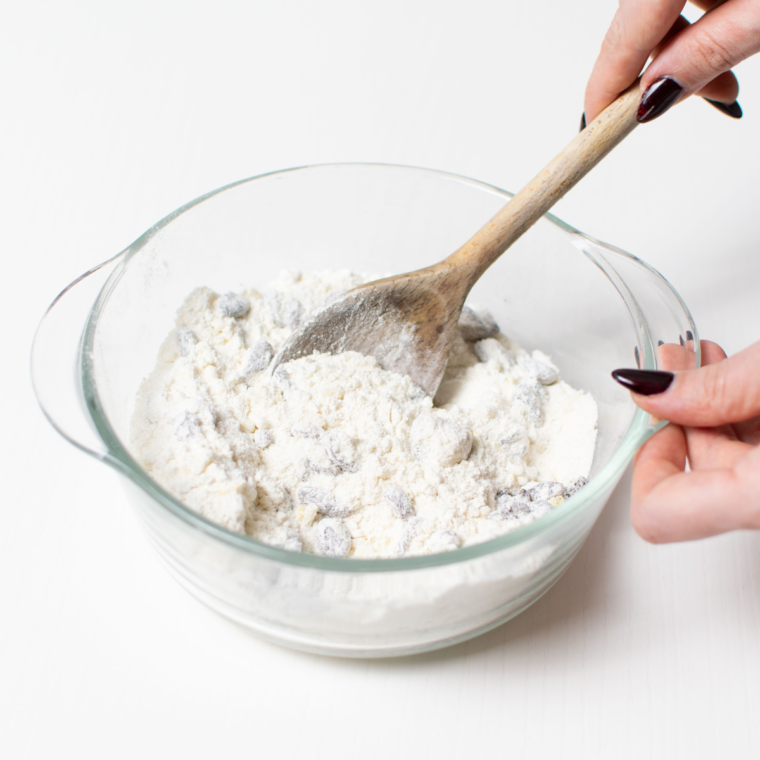 Mixing flour, suet, and currants for Air Fryer Spotted Dick batter.