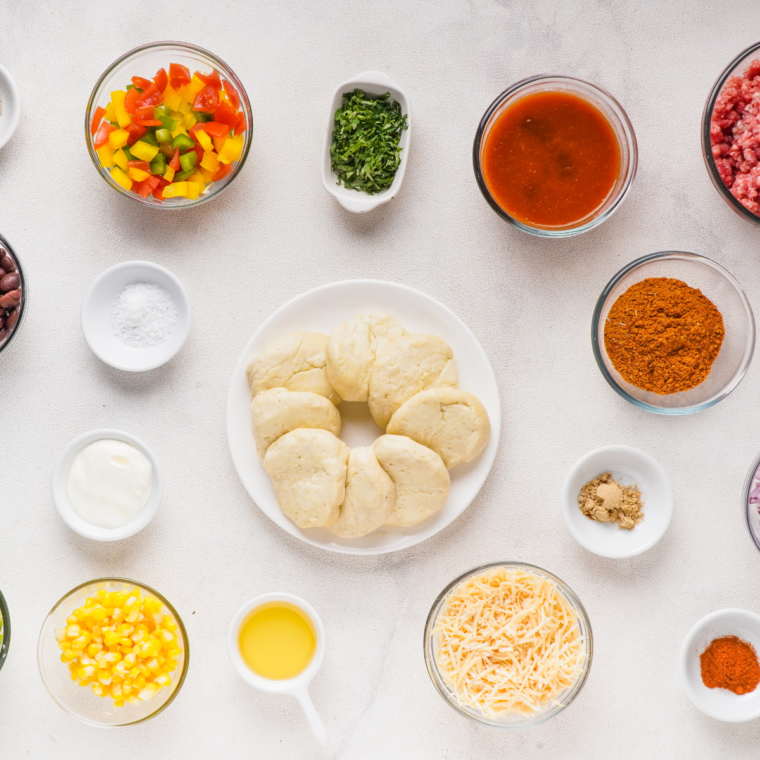 Ingredients needed for Air Fryer Taco Fiesta Bubble Up Casserole on kitchen counter.