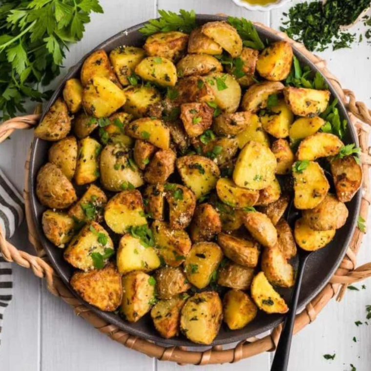 "Golden Vesuvio Potatoes, crispy on the outside and tender on the inside, served as a savory side dish."