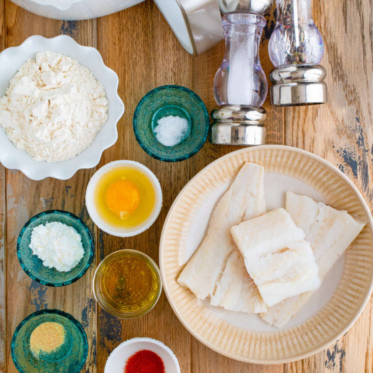 Ingredients needed for Arthur Treacher’s Fish Batter Copycat Recipe on table.