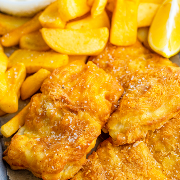 Crispy golden fish coated with Arthur Treacher’s fish batter, ready to be served.