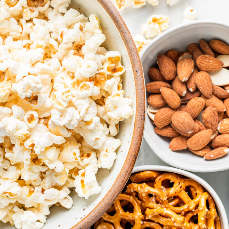 Ingredients needed for Air Fryer Moose Munch Caramel Popcorn Recipe on table.