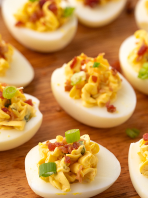 Black Garlic Deviled Eggs with creamy filling and a touch of black garlic for extra flavor.