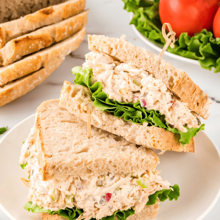 Cape cod chicken salad sandwich sliced in half 