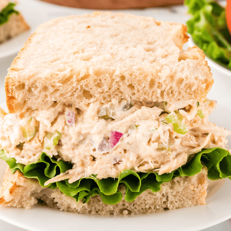 Chicken salad with cranberries, walnuts, and greens sandwich.