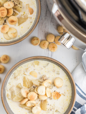 "Homemade Red Lobster-style clam chowder with tender clams, vegetables, and creamy broth served in a bowl."