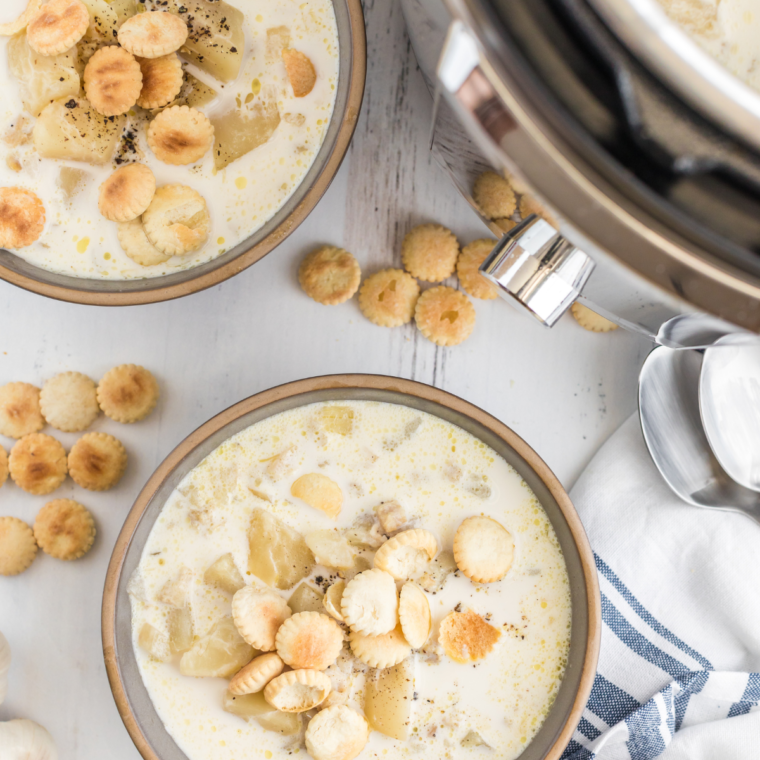 Homemade Red Lobster-style clam chowder with tender clams, vegetables, and creamy broth served in a bowl.