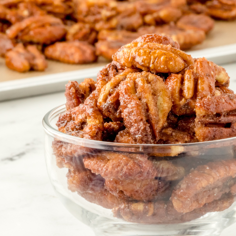 Close-up of homemade Copycat Buc-ee’s Pecans with a crispy, sweet glaze.