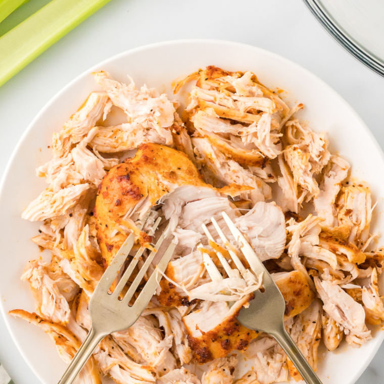 shredded chicken on white plate.