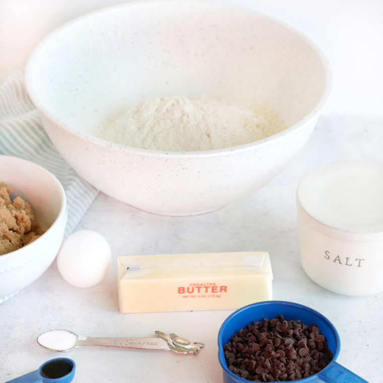 Ingredients needed for Copycat Potbelly Oatmeal Chocolate Chip Cookies on kitchen table.