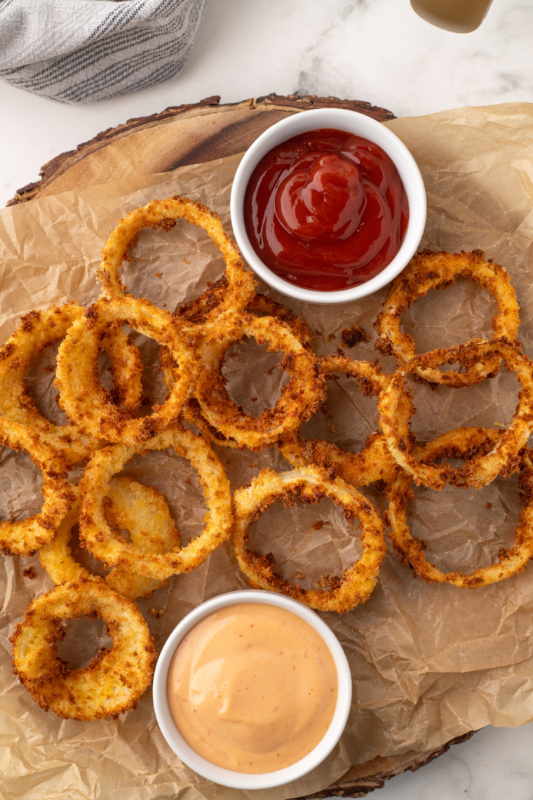 Golden and crispy homemade Copycat Sonic Onion Rings with a light batter and breadcrumbs, ready to be served.