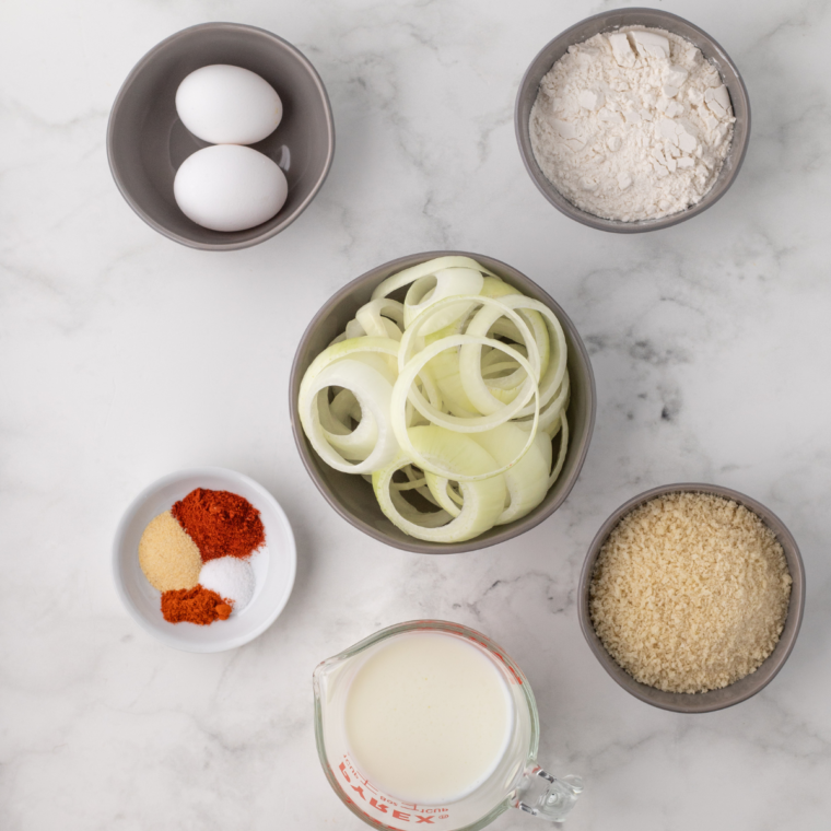 Ingredients Needed for Copycat Sonic Onion Rings on kitchen table.