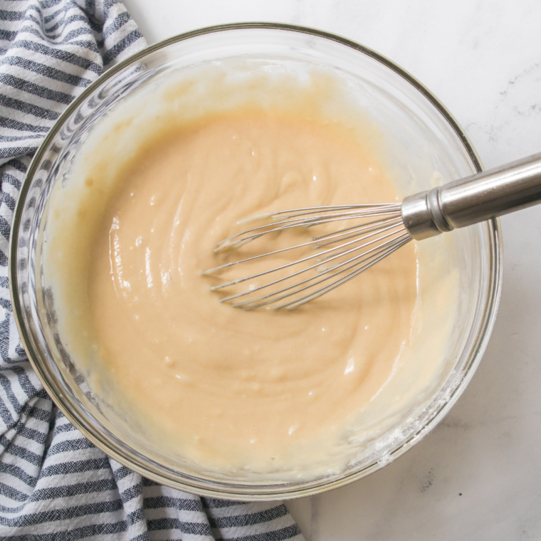 Batter for Maggiano’s Butter Cake Recipe in a mixing bowl.