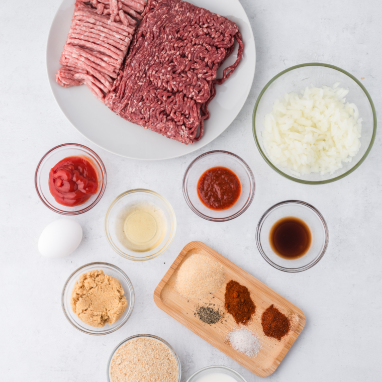 Ingredients needed for Outback Steakhouse Spicy Jammin' Meatloaf Recipe on kitchen table.