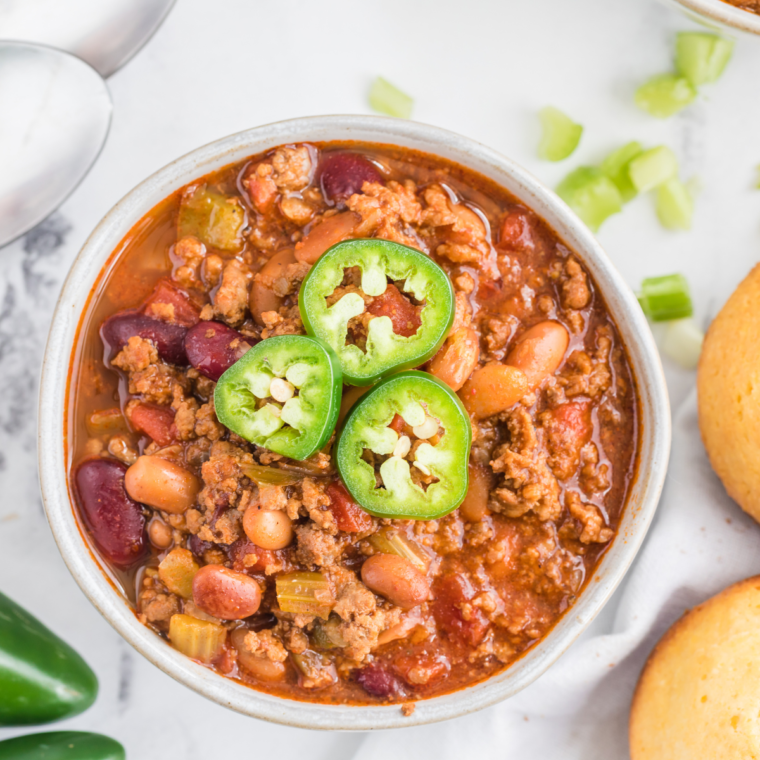 Copycat Panera Turkey Chili served in a bowl with beans, ground turkey, and spices for a hearty and flavorful meal."