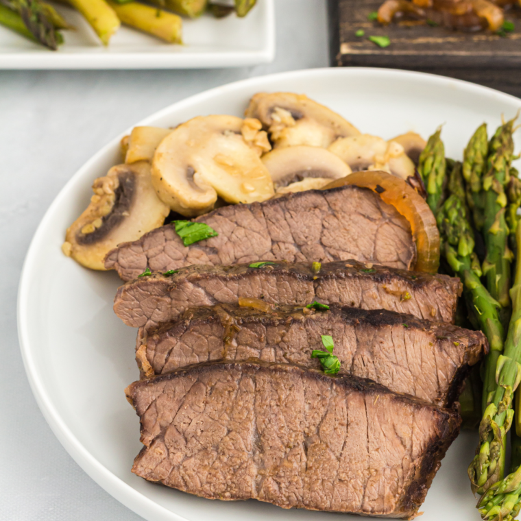 "Juicy and flavorful slow cooker flank steak with a rich brown glaze."