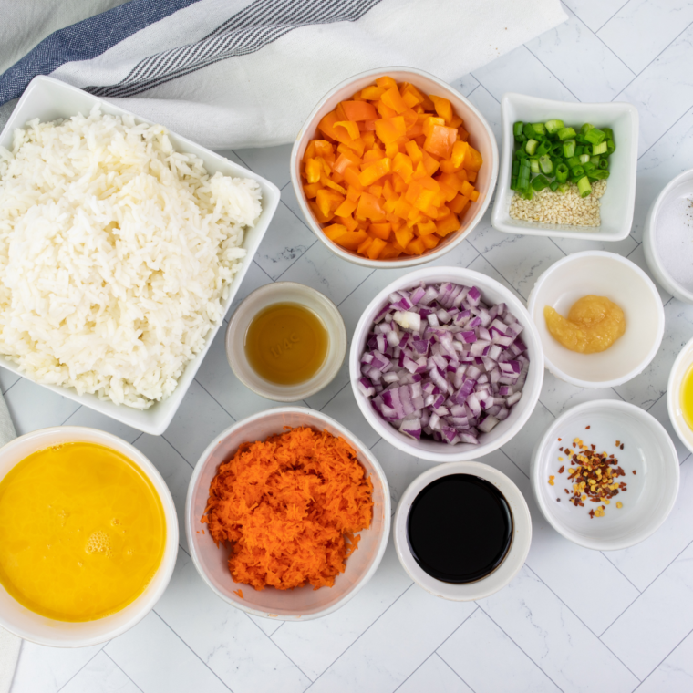 Ingredients needed for Subgum Fried Rice on kitchen table.