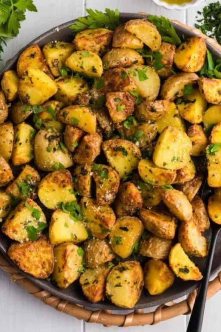 Vesuvio Potatoes recipe, crispy on the outside, tender on the inside, served as a flavorful side dish.