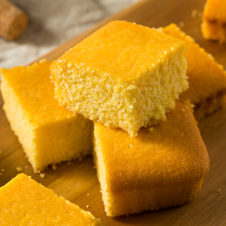 "Freshly baked White Lily Cornbread slices on a wooden board with a pat of melting butter."