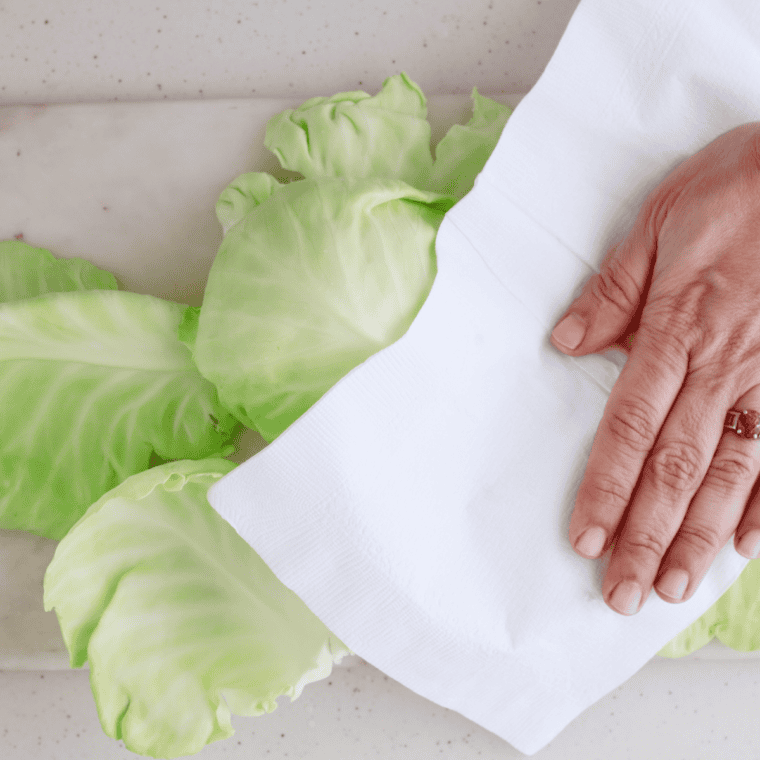 Fresh cabbage leaves being washed and patted dry with a kitchen towel.