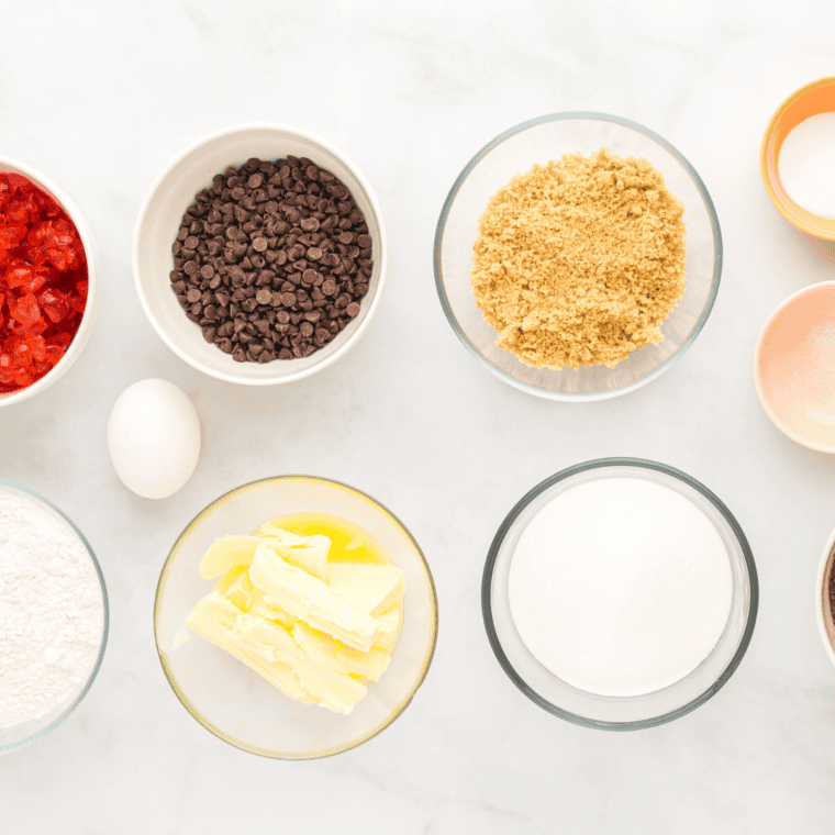 Ingredients needed for Air Fryer Chocolate Cherry Cookies on kitchen counter.