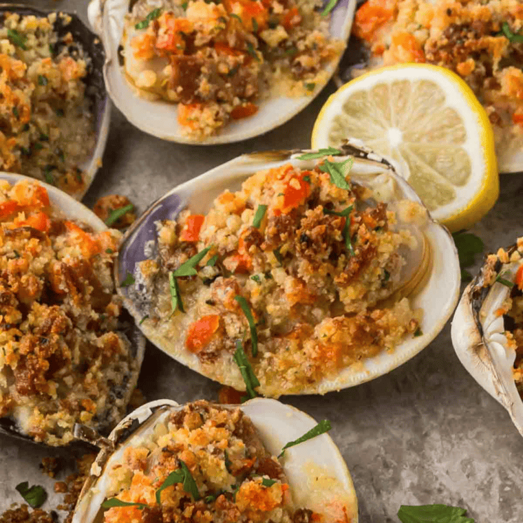 Golden Air Fryer Clam Casino with breadcrumbs, crispy bacon, and fresh herbs served on a platter.