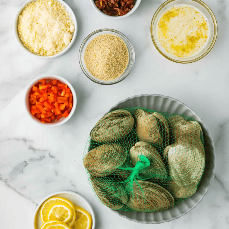 Ingredients needed for Air Fryer Clam Casino on kitchen table.