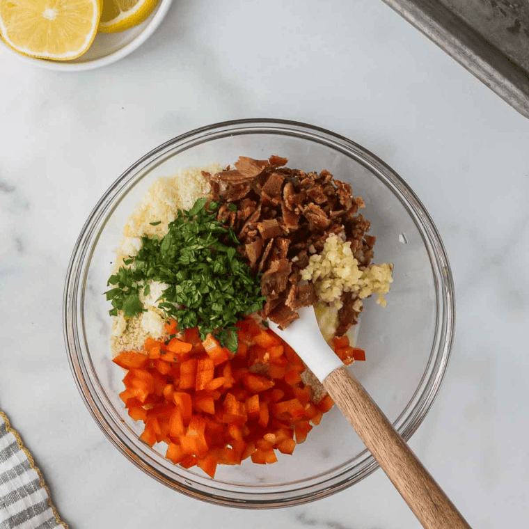 A mixing bowl with breadcrumbs, minced garlic, shallots, butter, parsley, lemon juice, paprika, salt, and pepper being stirred together to create a savory topping for clams.
