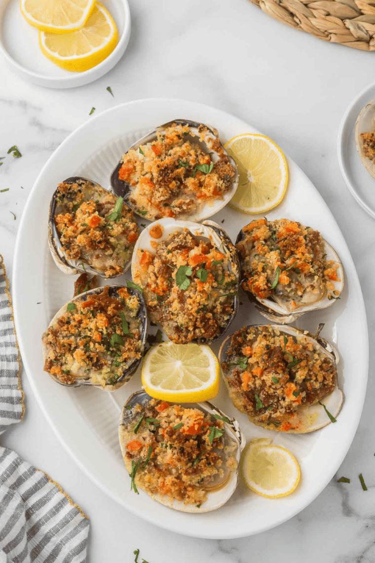 Golden-brown Air Fryer Clam Casino topped with crispy bacon and savory breadcrumbs, served on a plate with a lemon wedge.