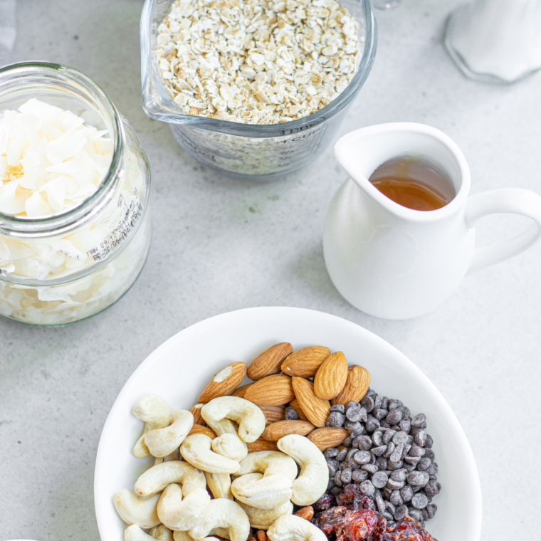 Ingredients needed for Air Fryer Protein Granola Recipe on kitchen table.