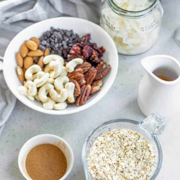 Ingredients needed for Air Fryer Granola (No Coconut Oil) on kitchen table.