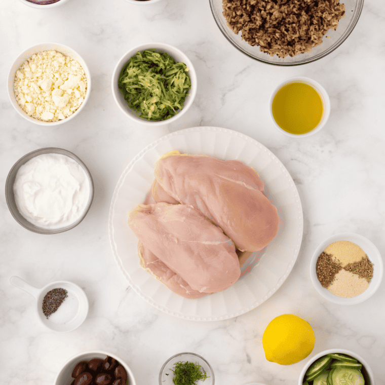 Ingredients needed for Copycat CAVA Bowl on table.