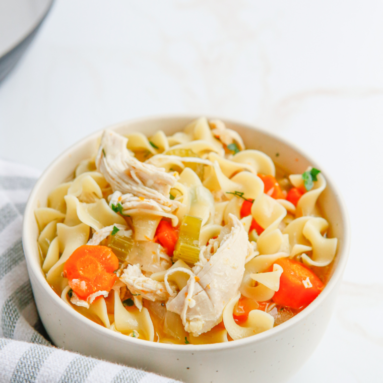 A steaming bowl of Copycat Cracker Barrel Chicken Noodle Soup, featuring tender chicken, egg noodles, and colorful vegetables, garnished with parsley.