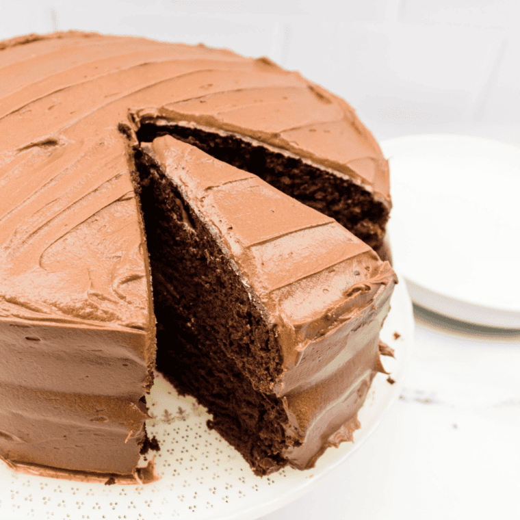 A slice of rich and moist Copycat Portillo’s Chocolate Cake served on a white plate, topped with a smooth chocolate glaze.