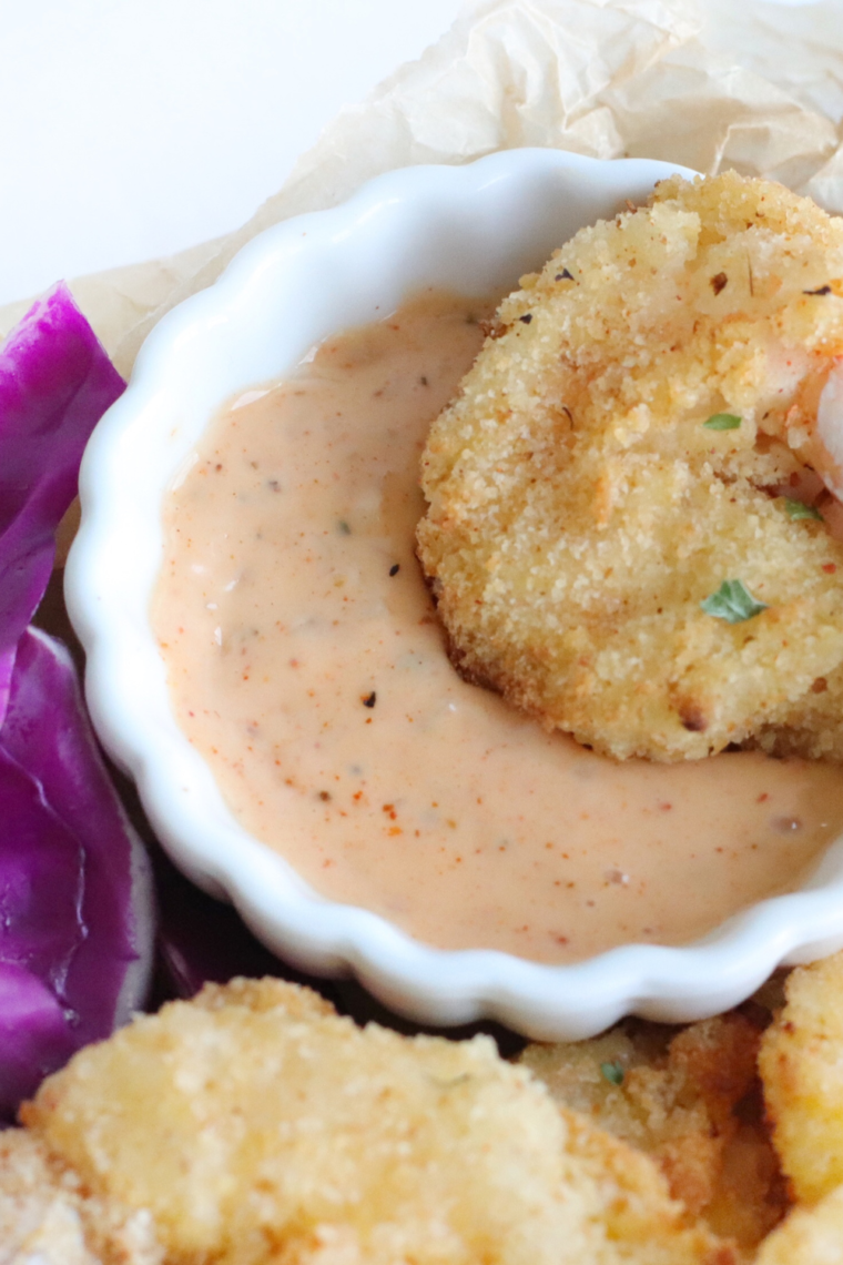 "Gluten-Free Marie Rose Sauce served in a bowl with shrimp, perfect for seafood dishes."