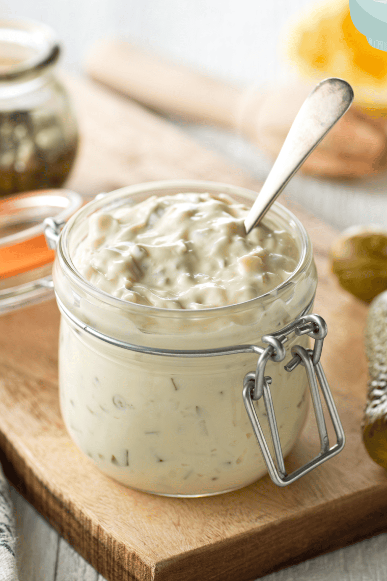 Homemade Cracker Barrel Tartar Sauce in a bowl with a spoon, perfect for dipping seafood.