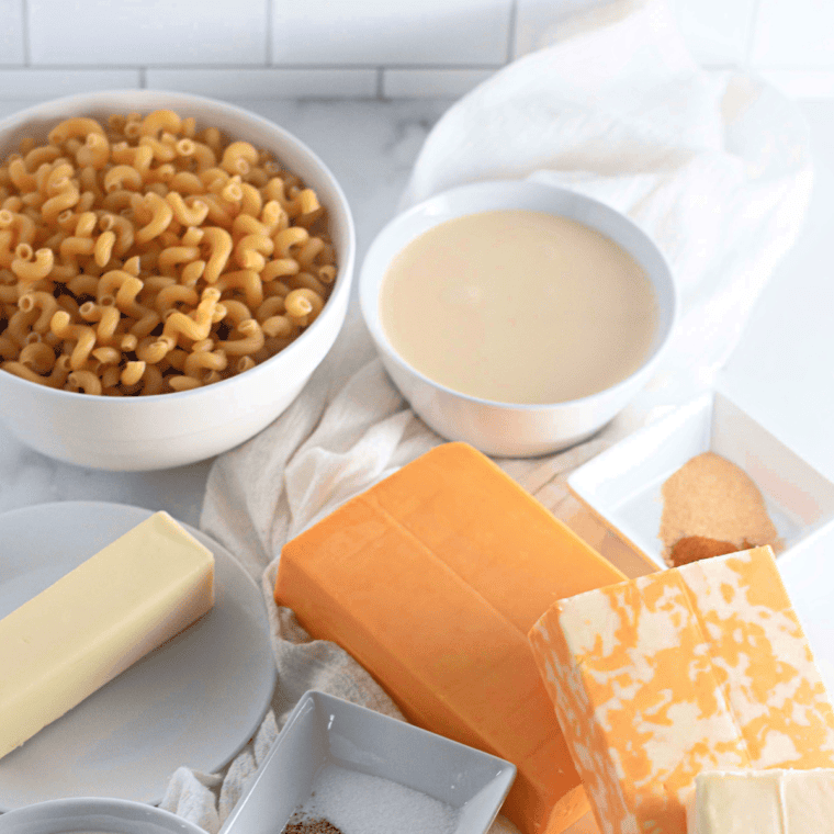 Ingredients Needed For Texas Roadhouse Macaroni and Cheese Recipe on kitchen table.