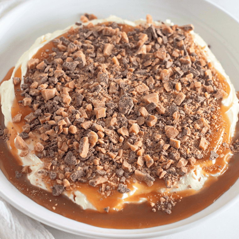 Delicious toffee apple dip with fresh apple slices.