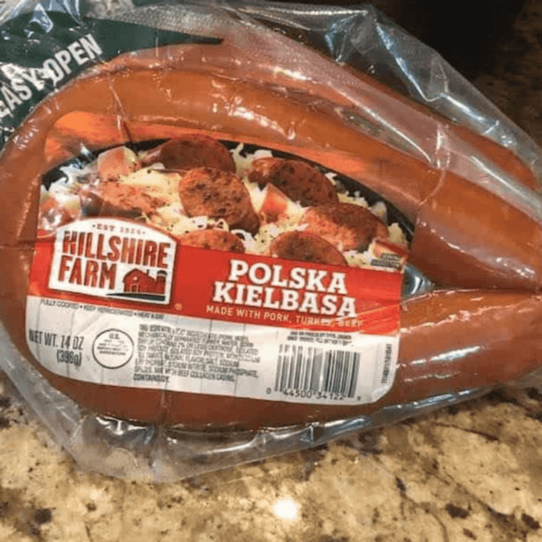 Ingredients needed for Air Fryer Frozen Kielbasa on kitchen table.