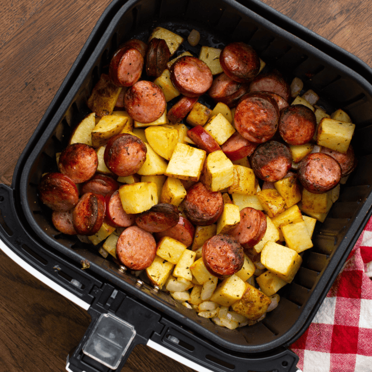 Golden, crispy Air Fryer Frozen Kielbasa sausages, ready to serve.