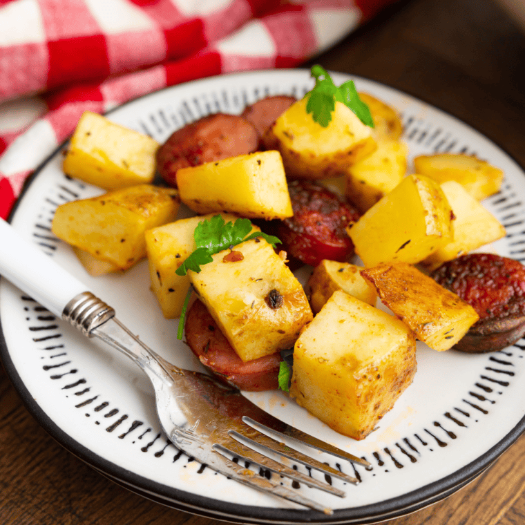 Golden, crispy Air Fryer Frozen Kielbasa sausages, ready to serve.
