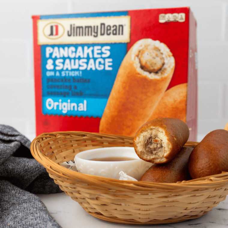 Air Fryer Jimmy Dean Pancakes and Sausage on a Stick, golden and crispy, served as a fun breakfast option.